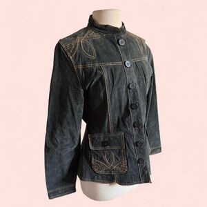 Y2K 2000’s Vintage Western Leather Duster Jacket with Embroidery and Buttons